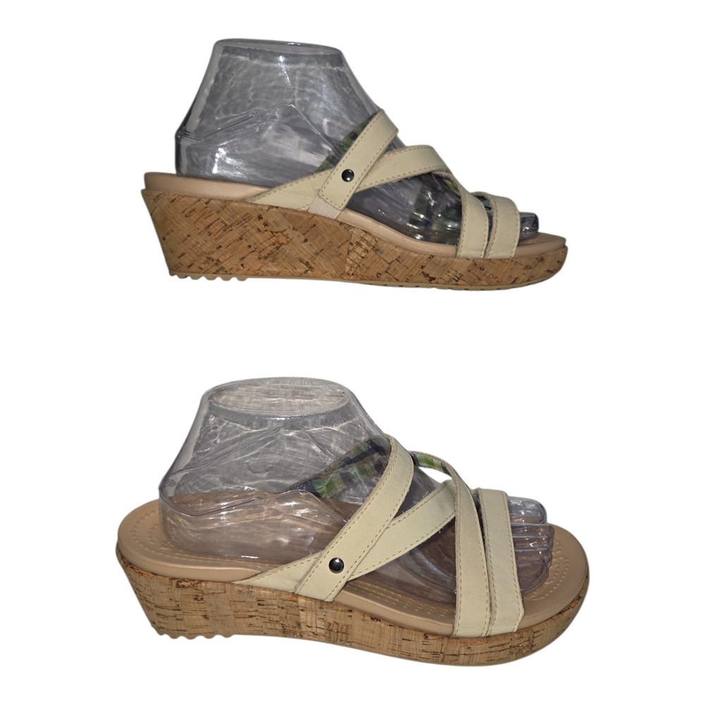 Crocs A-Leigh Cork Wedge Sandals Cream Strappy Platform Heels Women's 8